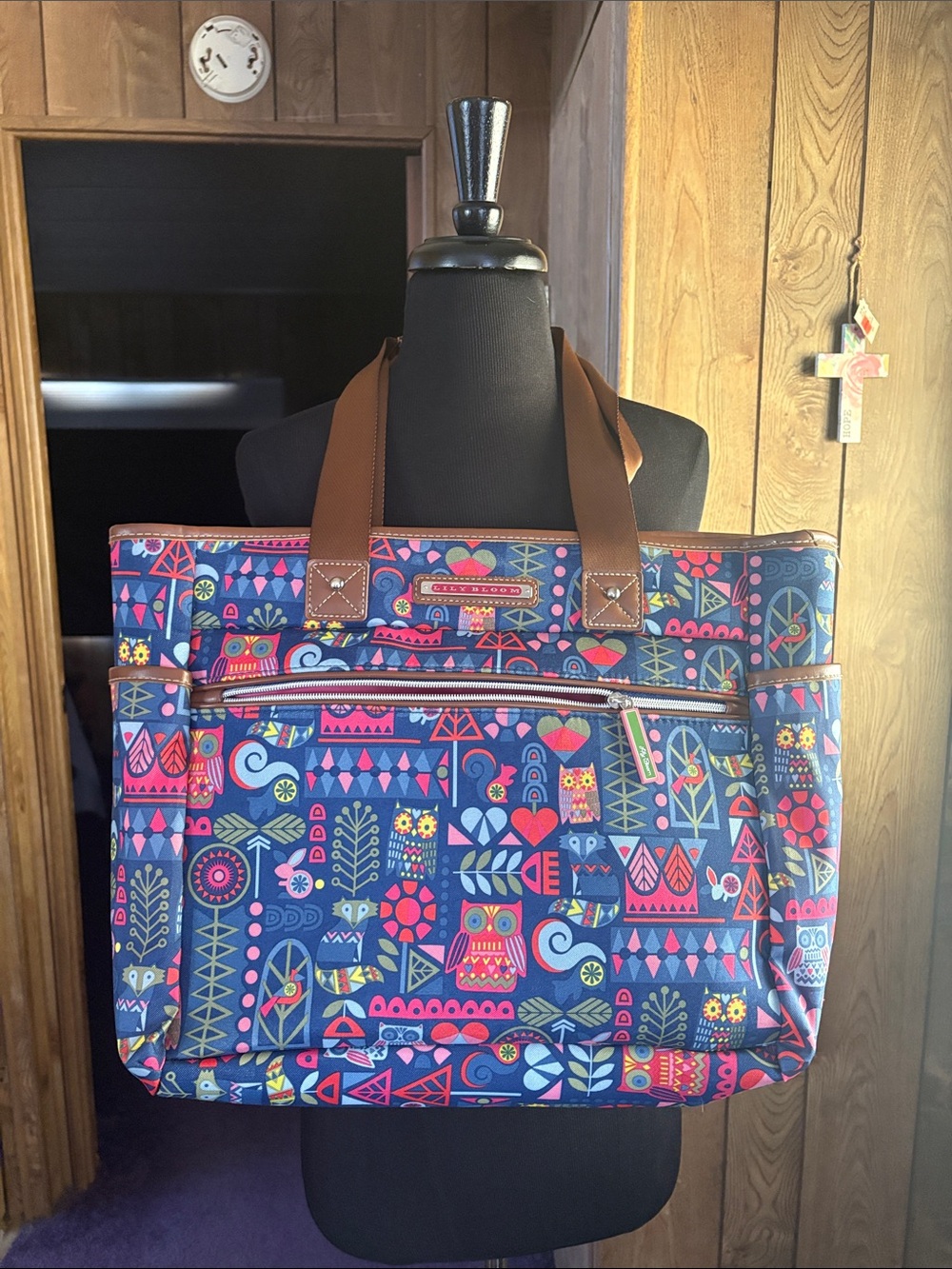 Colorful Patterned Tote Bag with Brown Handles by Lily Bloom